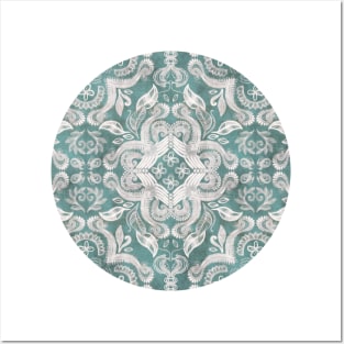 Teal and grey dirty denim textured boho pattern Posters and Art